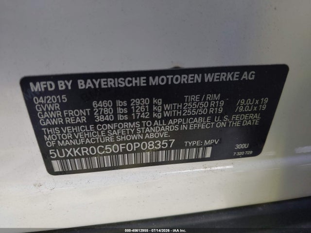 Продаж на аукціоні авто 2015 Bmw X5 Xdrive35i, vin: 5UXKR0C50F0P08357, номер лоту: 45612955