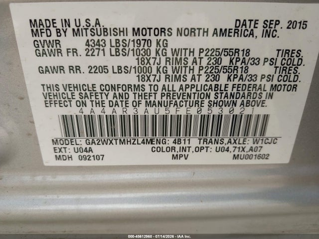 45612960 :رقم المزاد ، 4A4AR3AU5FE053021 vin ، 2015 Mitsubishi Outlander Sport Es مزاد بيع