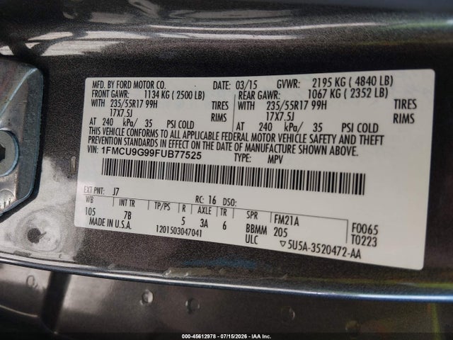 2015 Ford Escape Se მანქანა იყიდება აუქციონზე, vin: 1FMCU9G99FUB77525, აუქციონის ნომერი: 45612978