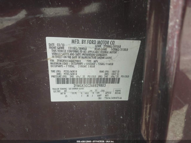 45612980 :رقم المزاد ، 2FMGK5CC2ABB29803 vin ، 2010 Ford Flex Sel مزاد بيع