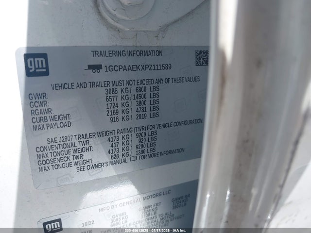 45613025 :رقم المزاد ، 1GCPAAEKXPZ111589 vin ، 2023 Chevrolet Silverado 1500 2wd  Short Bed Wt مزاد بيع