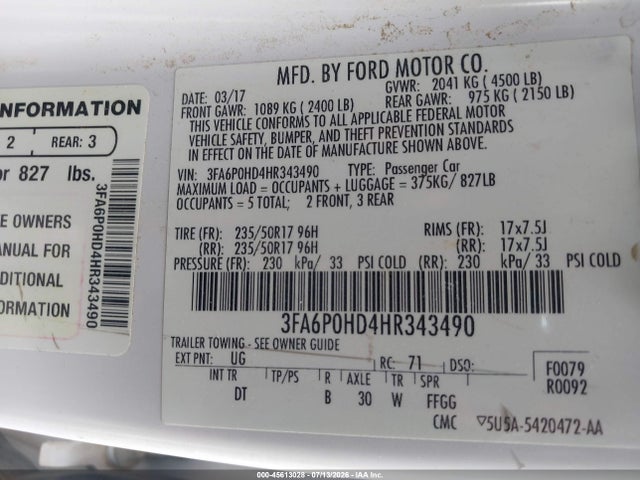 3FA6P0HD4HR343490 Ford FUSION SE
