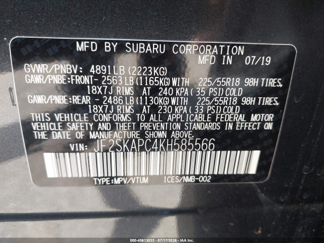 Aukcja sprzedaży 2019 Subaru Forester Sport, vin: JF2SKAPC4KH585566, numer aukcji: 45613033