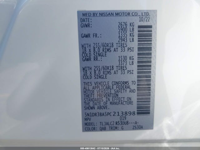5N1DR3BA5PC213898 Nissan Pathfinder Sv Fwd