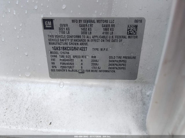 45613043 :رقم المزاد ، 1GKS1BKCXGR414227 vin ، 2016 Gmc Yukon Slt مزاد بيع