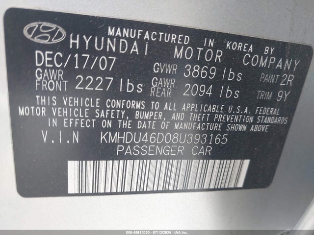 45613050 :رقم المزاد ، KMHDU46D08U393165 vin ، 2008 Hyundai Elantra Gls/se مزاد بيع