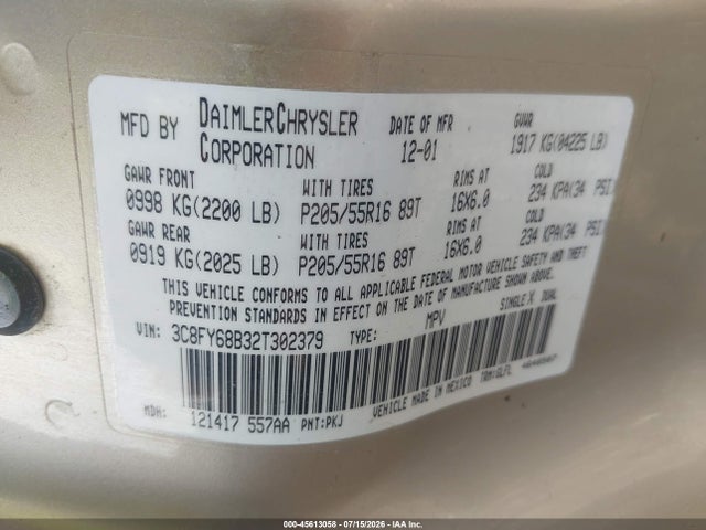2002 Chrysler Pt Cruiser Limited მანქანა იყიდება აუქციონზე, vin: 3C8FY68B32T302379, აუქციონის ნომერი: 45613058