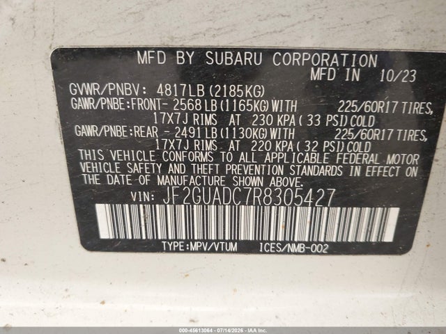 Aukcja sprzedaży 2024 Subaru Crosstrek Premium, vin: JF2GUADC7R8305427, numer aukcji: 45613064