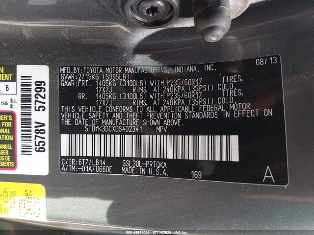 Продаж на аукціоні авто 2013 Toyota Sienna Xle V6 8 Passenger, vin: 5TDYK3DCXDS402341, номер лоту: 45613068
