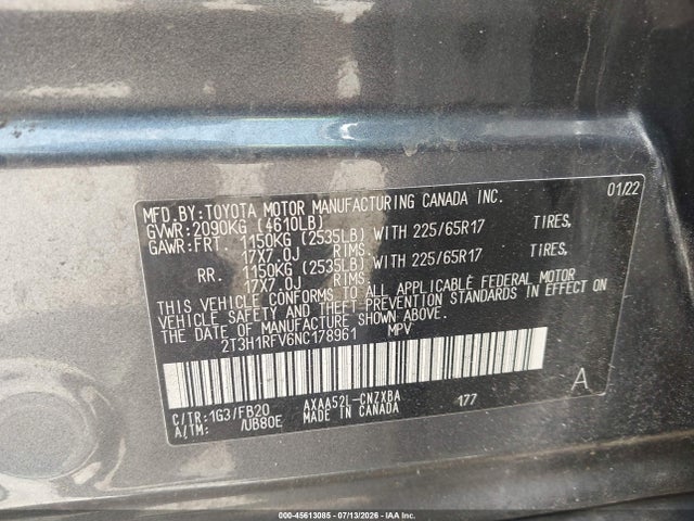 2022 Toyota Rav4 Le მანქანა იყიდება აუქციონზე, vin: 2T3H1RFV6NC178961, აუქციონის ნომერი: 45613085