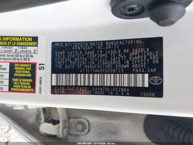 Продаж на аукціоні авто 2023 Toyota Camry Le, vin: 4T1C11AKXPU726723, номер лоту: 45613091