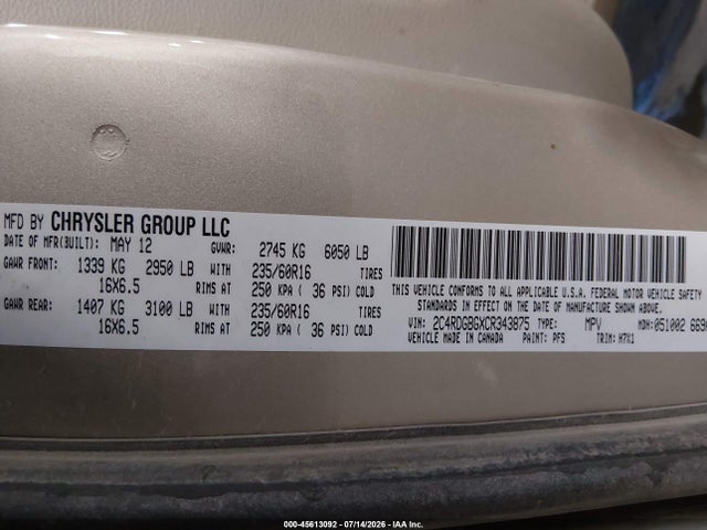Aukcja sprzedaży 2012 Dodge Grand Caravan Se/avp, vin: 2C4RDGBGXCR343875, numer aukcji: 45613092
