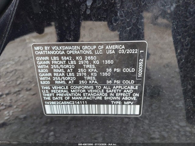 2022 Volkswagen Atlas Cross Sport 3.6l V6 Sel მანქანა იყიდება აუქციონზე, vin: 1V2BE2CA5NC214111, აუქციონის ნომერი: 45613095