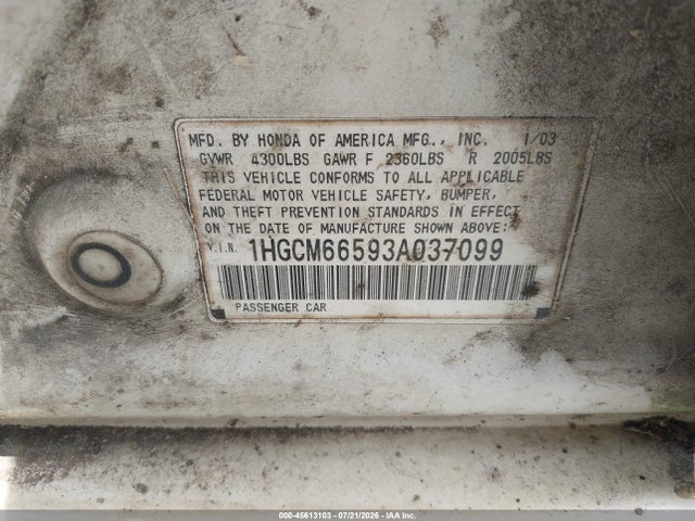 45613103 :رقم المزاد ، 1HGCM66593A037099 vin ، 2003 Honda Accord 3.0 Ex مزاد بيع