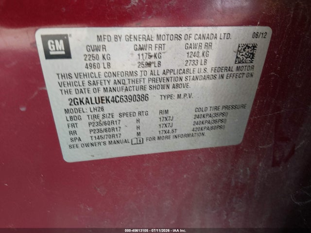 Продаж на аукціоні авто 2012 Gmc Terrain Slt-1, vin: 2GKALUEK4C6390386, номер лоту: 45613105