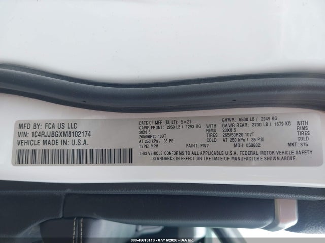 Продажа на аукционе авто 2021 Jeep Grand Cherokee L Limited 4x2, vin: 1C4RJJBGXM8102174, номер лота: 45613110