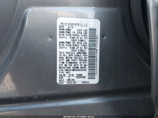Auction sale of the 2014 Nissan Murano Le/s/sl/sv, vin: JN8AZ1MW2EW533345, lot number: 45613135