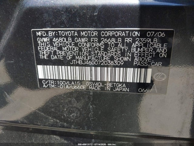Продажа на аукционе авто 2007 Lexus Es 350, vin: JTHBJ46G072038309, номер лота: 45613172