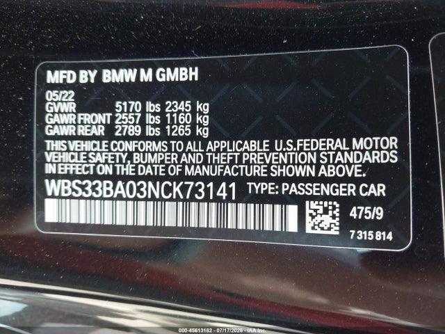 2022 Bmw M4 Competition Xdrive მანქანა იყიდება აუქციონზე, vin: WBS33BA03NCK73141, აუქციონის ნომერი: 45613182