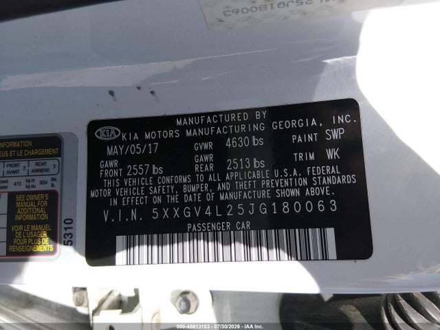 45613183 :رقم المزاد ، 5XXGV4L25JG180063 vin ، 2018 Kia Optima مزاد بيع