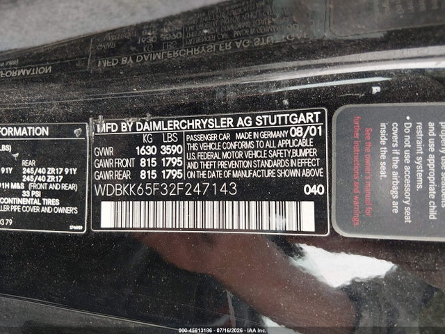 45613186 :رقم المزاد ، WDBKK65F32F247143 vin ، 2002 Mercedes-benz Slk 320 مزاد بيع