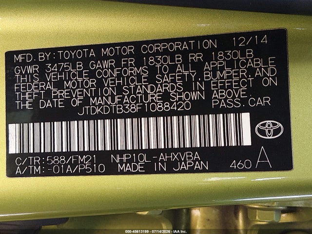 Toyota Prius C Two 2015 JTDKDTB38F1088420 Image 9