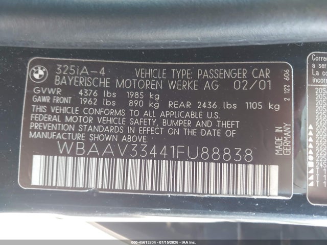 2001 Bmw 325i მანქანა იყიდება აუქციონზე, vin: WBAAV33441FU88838, აუქციონის ნომერი: 45613204