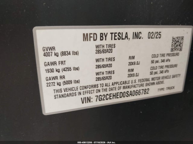 Aukcja sprzedaży 2025 Tesla Cybertruck All-wheel Drive, vin: 7G2CEHED0SA066782, numer aukcji: 45613206