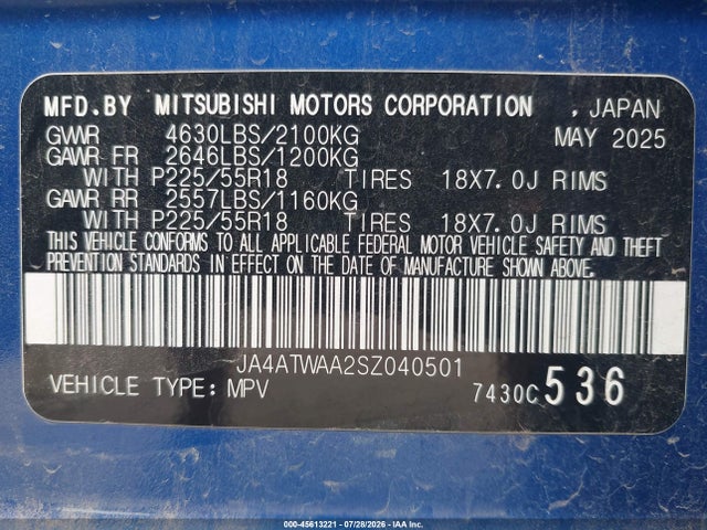 JA4ATWAA2SZ040501 Mitsubishi Eclipse Cross Black Edition S-awc/se S-awc/sel S-awc