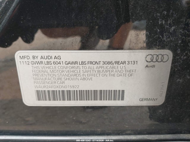 45613243 :رقم المزاد ، WAUR2AFDXDN015922 vin ، 2013 Audi A8 L 4.0t مزاد بيع