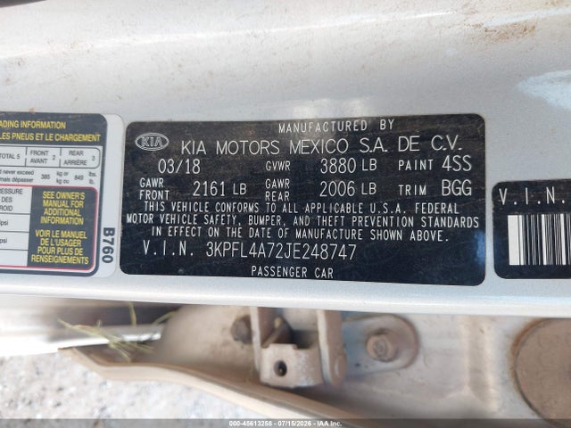 2018 Kia Forte Lx მანქანა იყიდება აუქციონზე, vin: 3KPFL4A72JE248747, აუქციონის ნომერი: 45613258