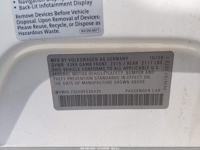 Aukcja sprzedaży 2009 Volkswagen Cc Luxury, vin: WVWHL73C09E535435, numer aukcji: 45613264