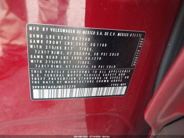 Продажа на аукционе авто 2018 Volkswagen Tiguan 2.0t S, vin: 3VV1B7AX6JM021275, номер лота: 45613282
