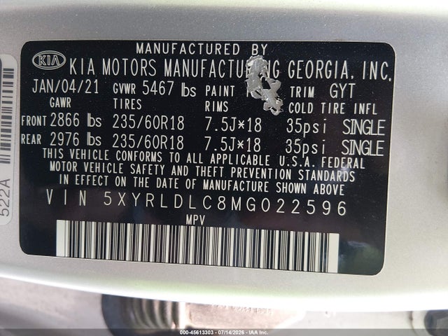 45613303 :رقم المزاد ، 5XYRLDLC8MG022596 vin ، 2021 Kia Sorento S مزاد بيع