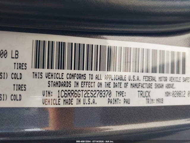 2014 Ram 1500 Big Horn მანქანა იყიდება აუქციონზე, vin: 1C6RR6GT2ES278370, აუქციონის ნომერი: 45613304