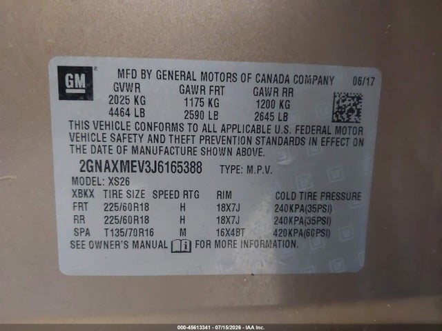 45613341 :رقم المزاد ، 2GNAXMEV3J6165388 vin ، 2018 Chevrolet Equinox Premier مزاد بيع