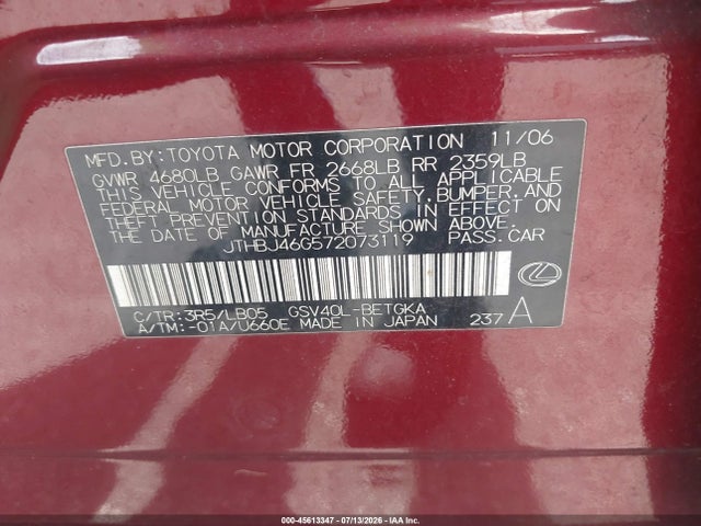 Aukcja sprzedaży 2007 Lexus Es 350, vin: JTHBJ46G572073119, numer aukcji: 45613347