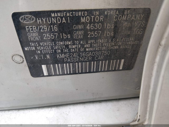 Продаж на аукціоні авто 2016 Hyundai Sonata Hybrid Se, vin: KMHE24L16GA038750, номер лоту: 45613351