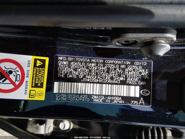 Aukcja sprzedaży 2012 Lexus Ct 200h Premium, vin: JTHKD5BHXC2086843, numer aukcji: 45613354