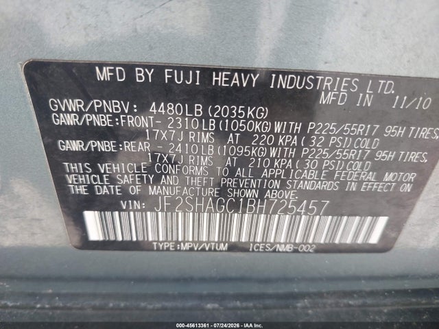 45613361 :رقم المزاد ، JF2SHAGC1BH725457 vin ، 2011 Subaru Forester 2.5x Touring مزاد بيع