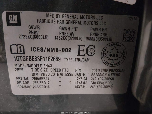 45613378 :رقم المزاد ، 1GTG6BE33F1162669 vin ، 2015 Gmc Canyon 4wd Sle مزاد بيع