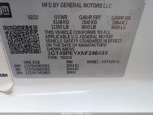 Aukcja sprzedaży 2022 Gmc Sierra 2500hd 4wd  Standard Bed At4, vin: 1GT49PEYXNF246489, numer aukcji: 45613412