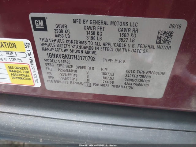 Продаж на аукціоні авто 2017 Chevrolet Traverse Lt, vin: 1GNKVGKD7HJ170792, номер лоту: 45613424