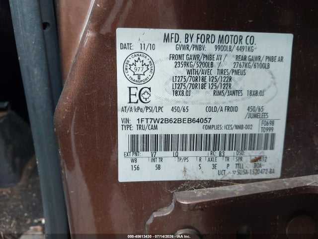 Продаж на аукціоні авто 2011 Ford Super Duty F-250 Srw Lariat, vin: 1FT7W2B62BEB64057, номер лоту: 45613430