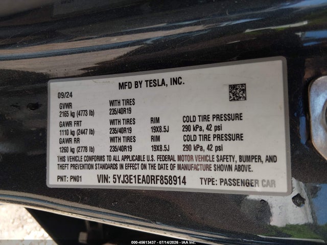 45613437 :رقم المزاد ، 5YJ3E1EA0RF858914 vin ، 2024 Tesla Model 3 Long Range Dual Motor All-wheel Drive/rear-wheel Drive مزاد بيع