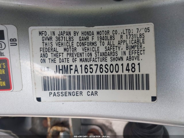 Продаж на аукціоні авто 2006 Honda Civic Lx, vin: JHMFA16576S001481, номер лоту: 45613491