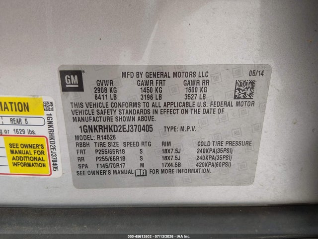 Chevrolet Traverse Lt 2014 1GNKRHKD2EJ370405 Image 9