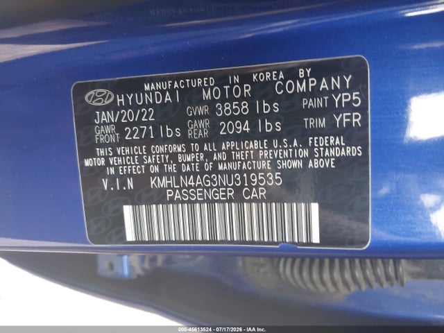 Продажа на аукционе авто 2022 Hyundai Elantra Sel, vin: KMHLN4AG3NU319535, номер лота: 45613524