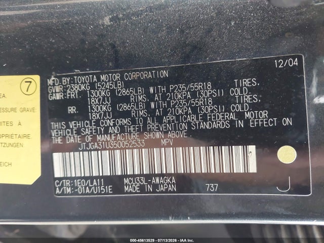 Aukcja sprzedaży 2005 Lexus Rx 330, vin: JTJGA31U350052533, numer aukcji: 45613529