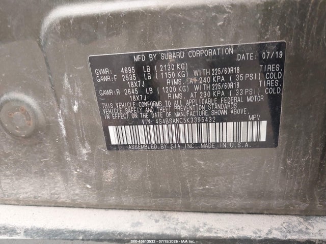 45613532 :رقم المزاد ، 4S4BSANC5K3395432 vin ، 2019 Subaru Outback 2.5i Limited مزاد بيع